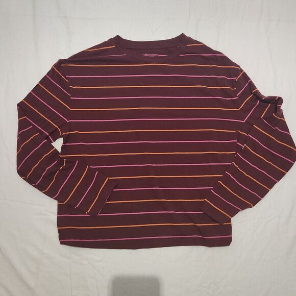 a new day T Shirt Striped Long Sleeve Burgundy Basic Womens Size Medium - Picture 1 of 5